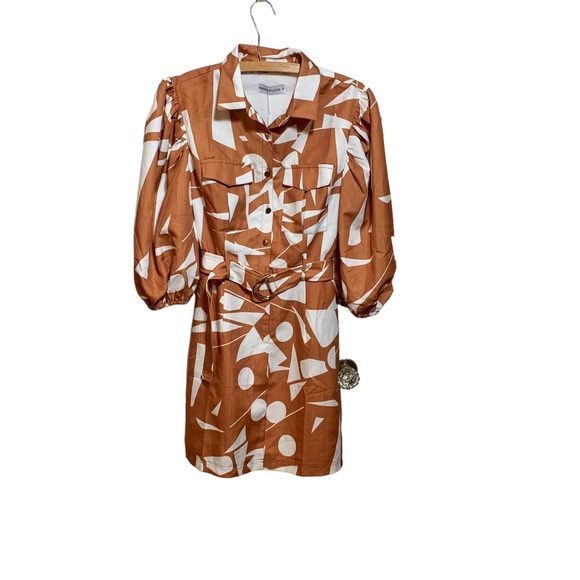 NWT Passion Fusion Tan Geometric Print Midi Shirt Dress w/ Puff Sleeves - Size 8 - Picture 2 of 7